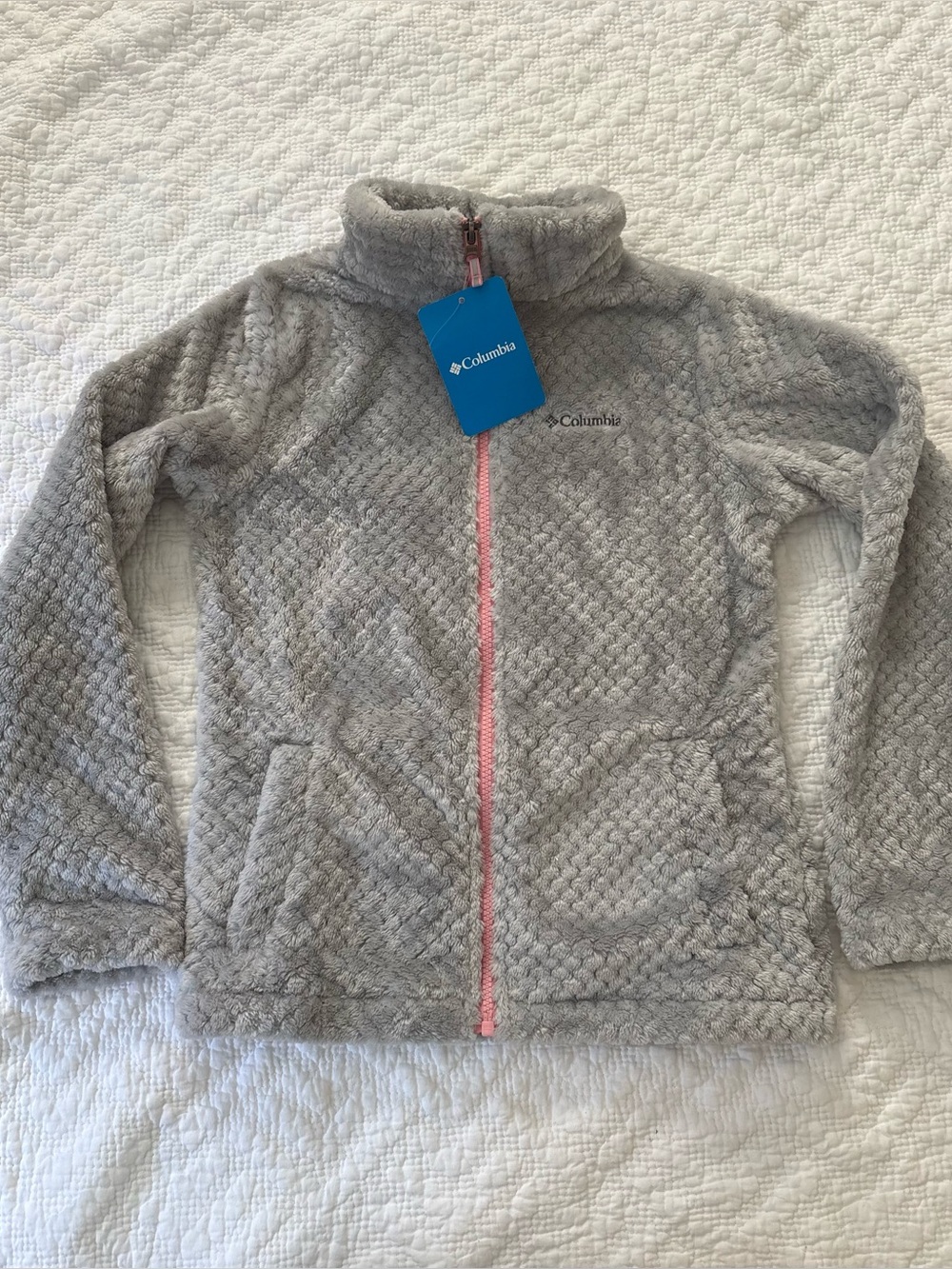 NWT Columbia Kids Light Gray Sherpa Jacket with Pink Zipper size M (10-12).